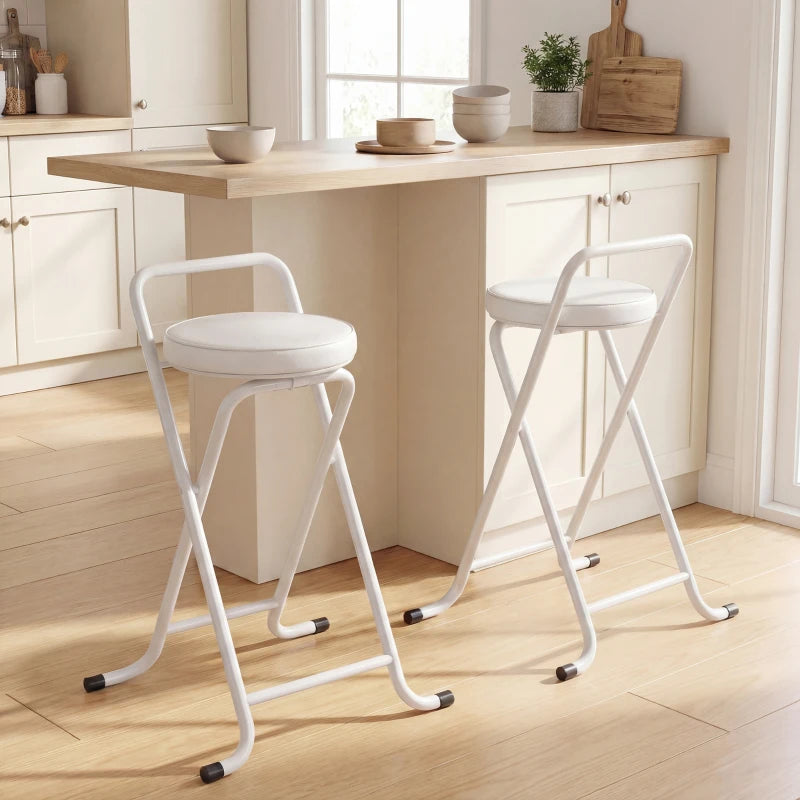 Foldable Bar Stools Set of 2, Folding Kitchen Chairs with PU Cushioned Seat, Footrest, White