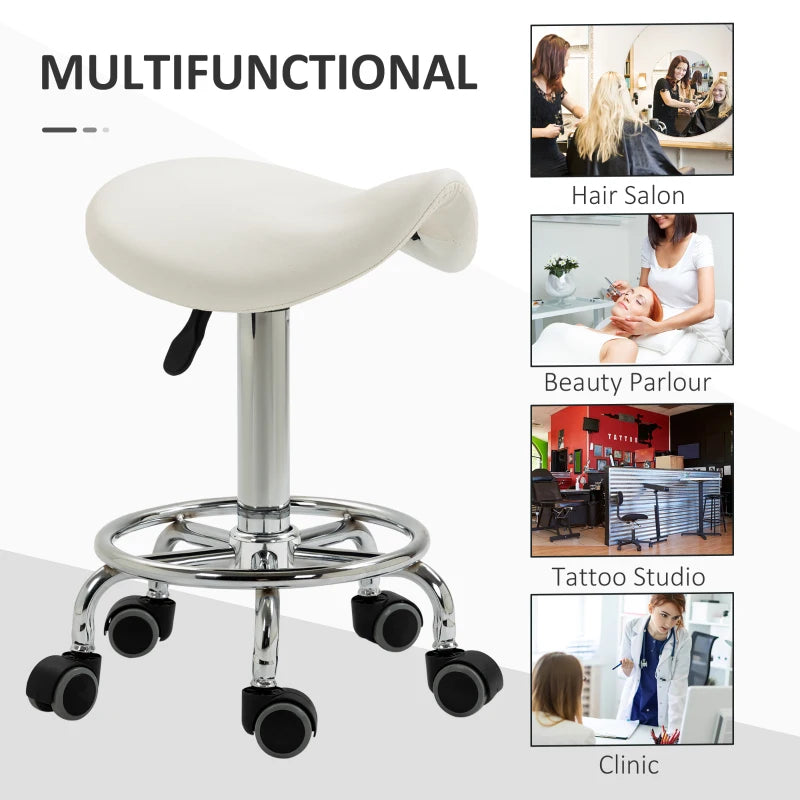 Saddle Stool, PU Leather Adjustable Rolling Salon Chair for Massage, Spa, Clinic, Beauty and Tattoo, White