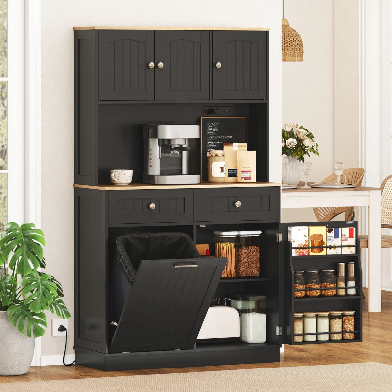 68" Pantry Cabinet with Charging Station, Storage Cabinet with Microwave Stand, 10 Gallon Trash Can Cabinet, Black