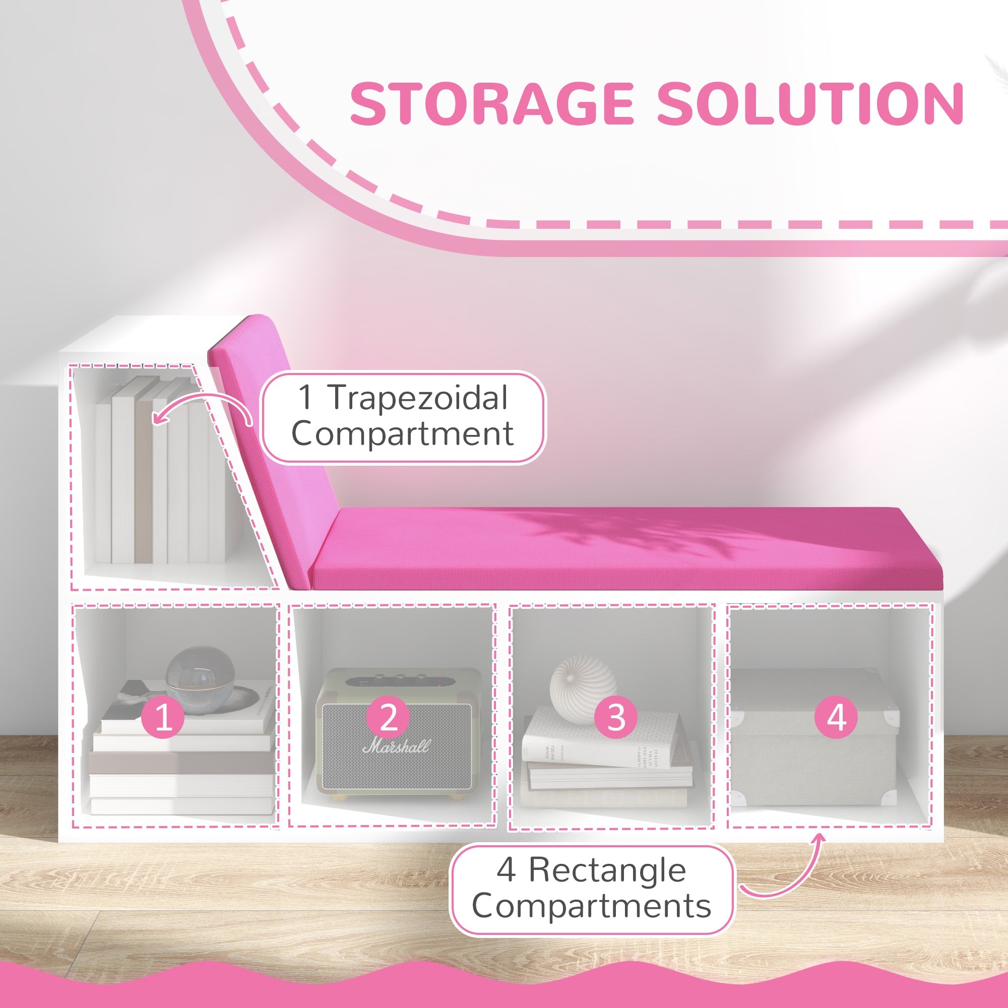 HOMCOM 5-Cube Bookshelf with Reading Nook Cushioned Kids Bookcase Storage Shelves Pink