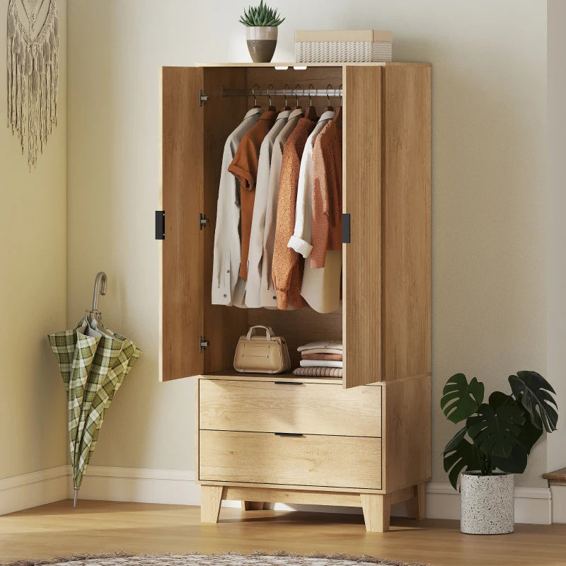 Modern Wardrobe Closet, Freestanding Armoire with Soft-Close Doors, 2 Drawers and Hanging Rod for Bedroom, Natural