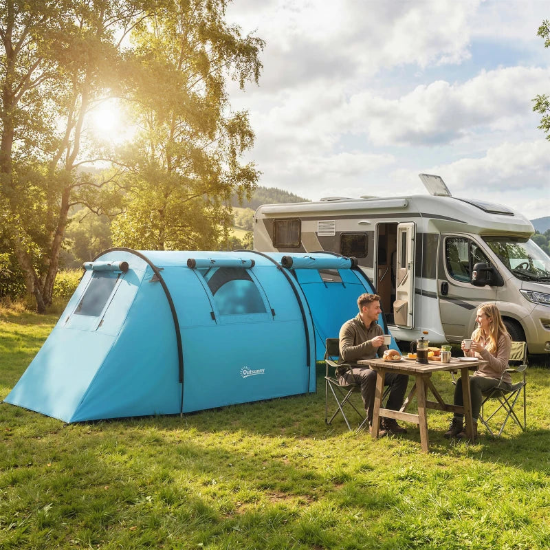 Outsunny 3-4 Person Camping Tent with 2 Rooms, 3000mm Waterproof Family Tunnel Tent with Carry Bag – Sky Blue