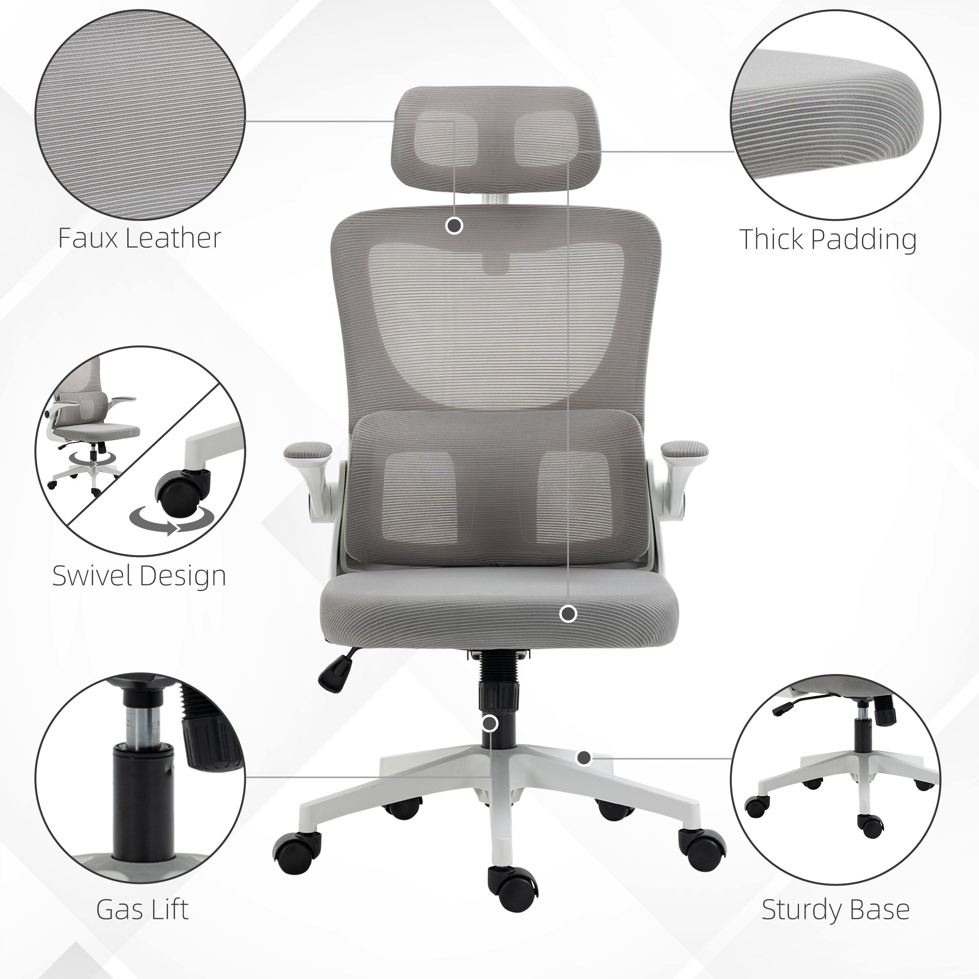 Vinsetto Ergonomic Mesh Office Chair High Back Computer Desk Chair with Adjustable Headrest Lumbar Support Armrests Height Grey
