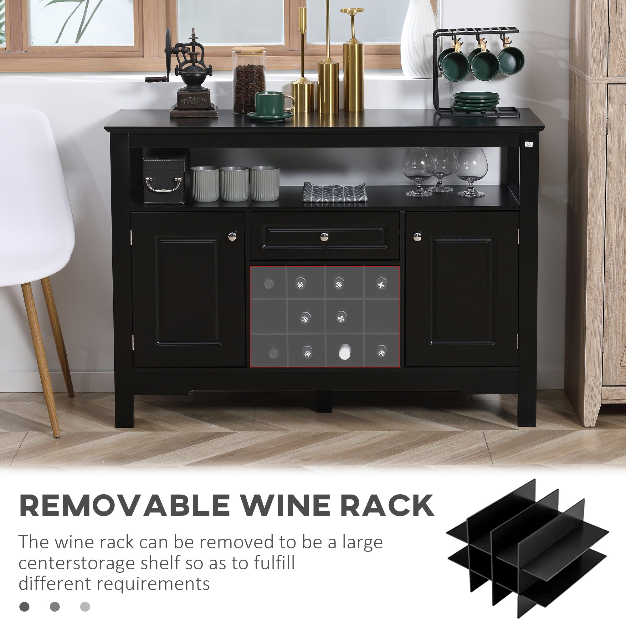 HOMCOM Black Storage Sideboard: Buffet Credenza Cabinet with Drawer & Removable Wine Rack for Kitchen/Living Room