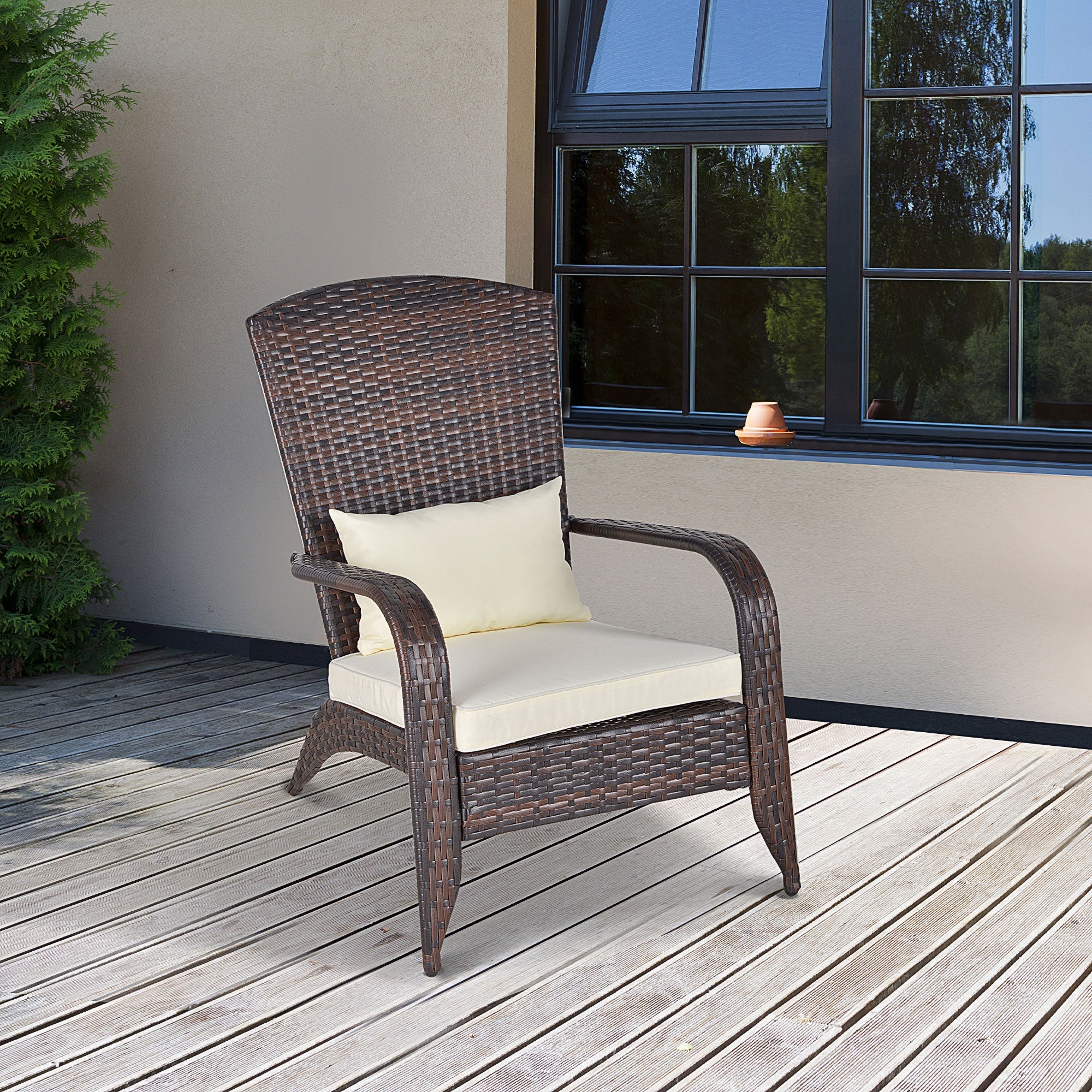 Outsunny White Rattan Adirondack Deck Chair Outdoor Classic Armrest Lounge Chair with Cushion