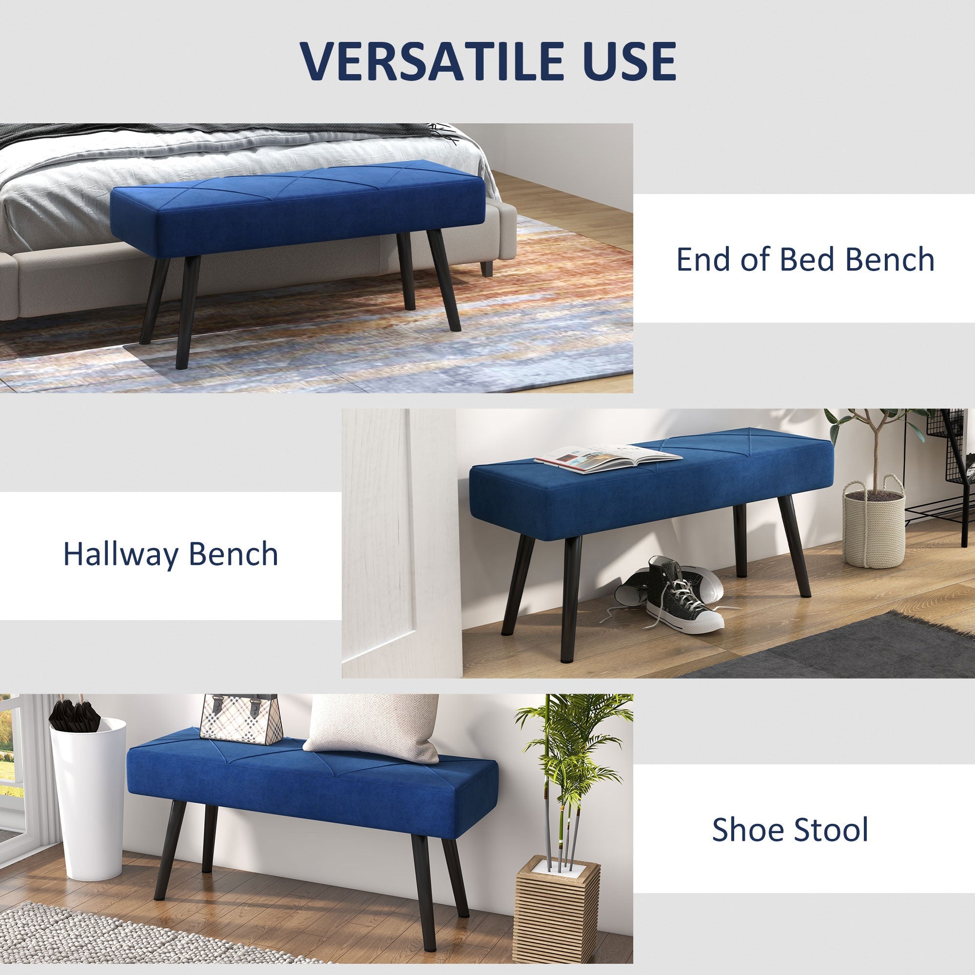 HOMCOM 39 Inches Upholstered Bedroom Bench, Modern End of Bed Bench with Steel Legs, Dark Blue
