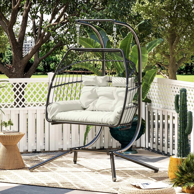 Double Wicker Egg Swing Chair with Stand, Foldable Hanging Egg Chair with UV Resistant Cushion, Headrest, Cream White