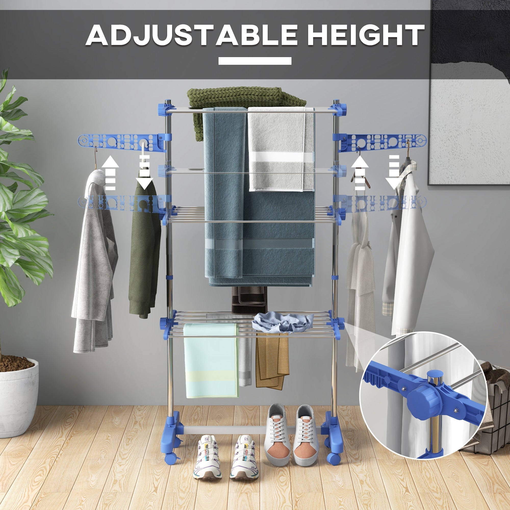 HOMCOM Clothes Drying Rack 3-Tier Stainless Steel Laundry Rack with Side Wings 6 Castors Blue
