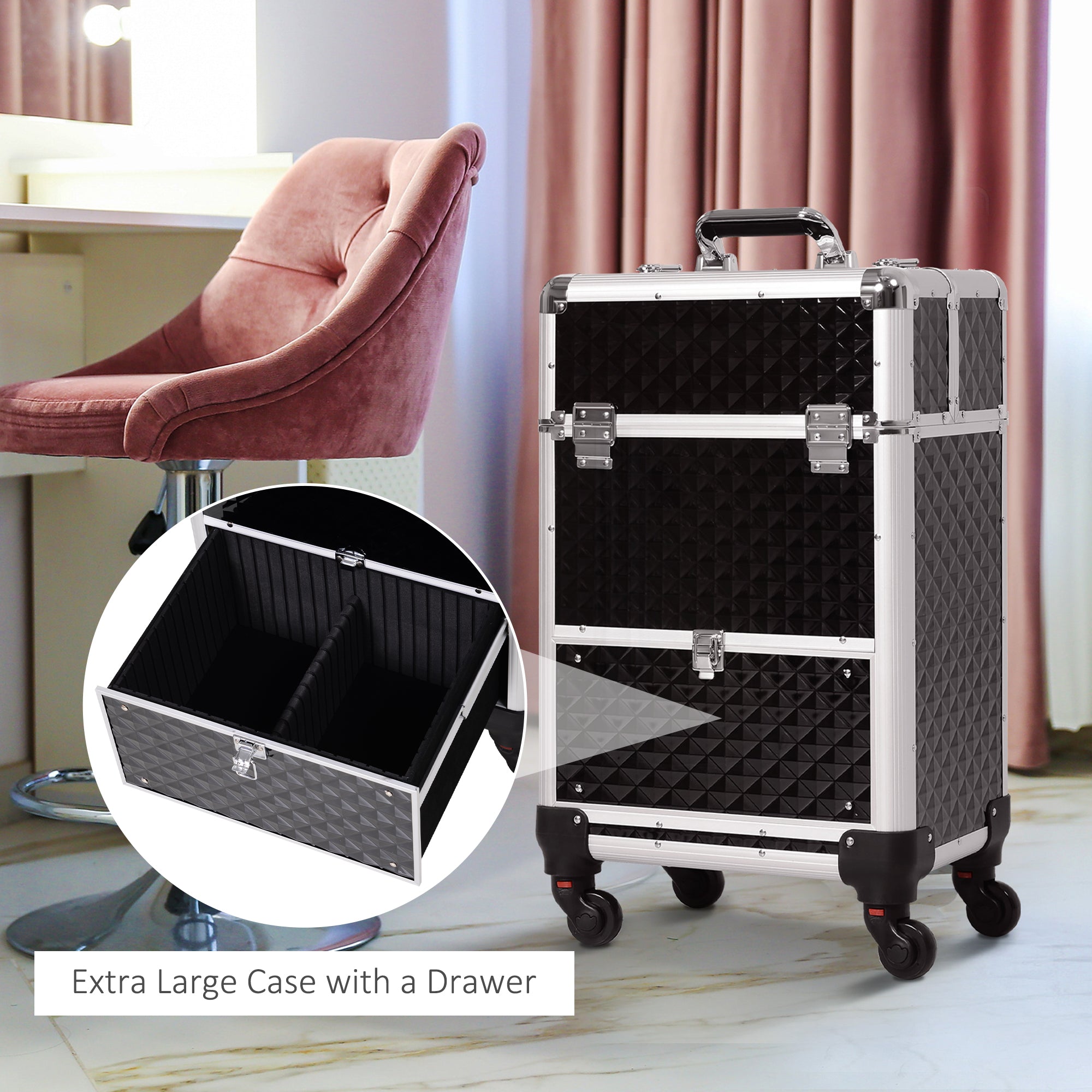 HOMCOM Portable Aluminum Makeup Train Case Rolling Cosmetic Organizer Trolley Salon Beauty Black with 4 Wheels