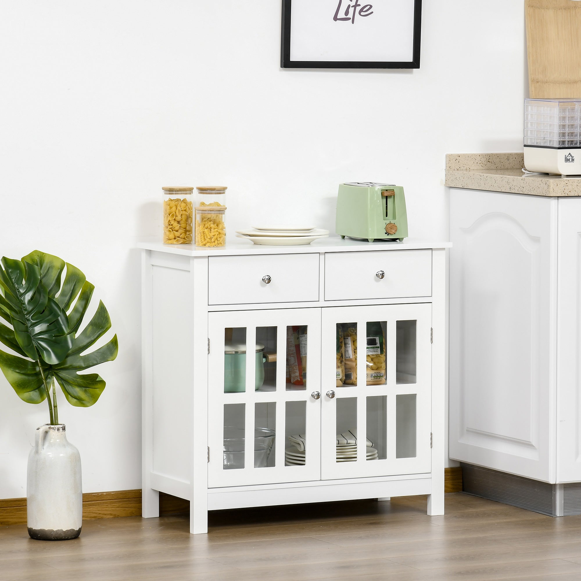 HOMCOM White Glass Door Bar Cabinet: Sideboard Buffet Kitchen Storage Cupboard Console Table with Drawers for Bar