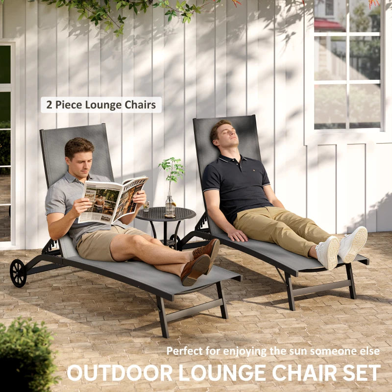 Outdoor Lounge Chair Set of 2, Tanning Chair with Wheels, Breathable Mesh for Patio, Backyard, Poolside, Dark Grey