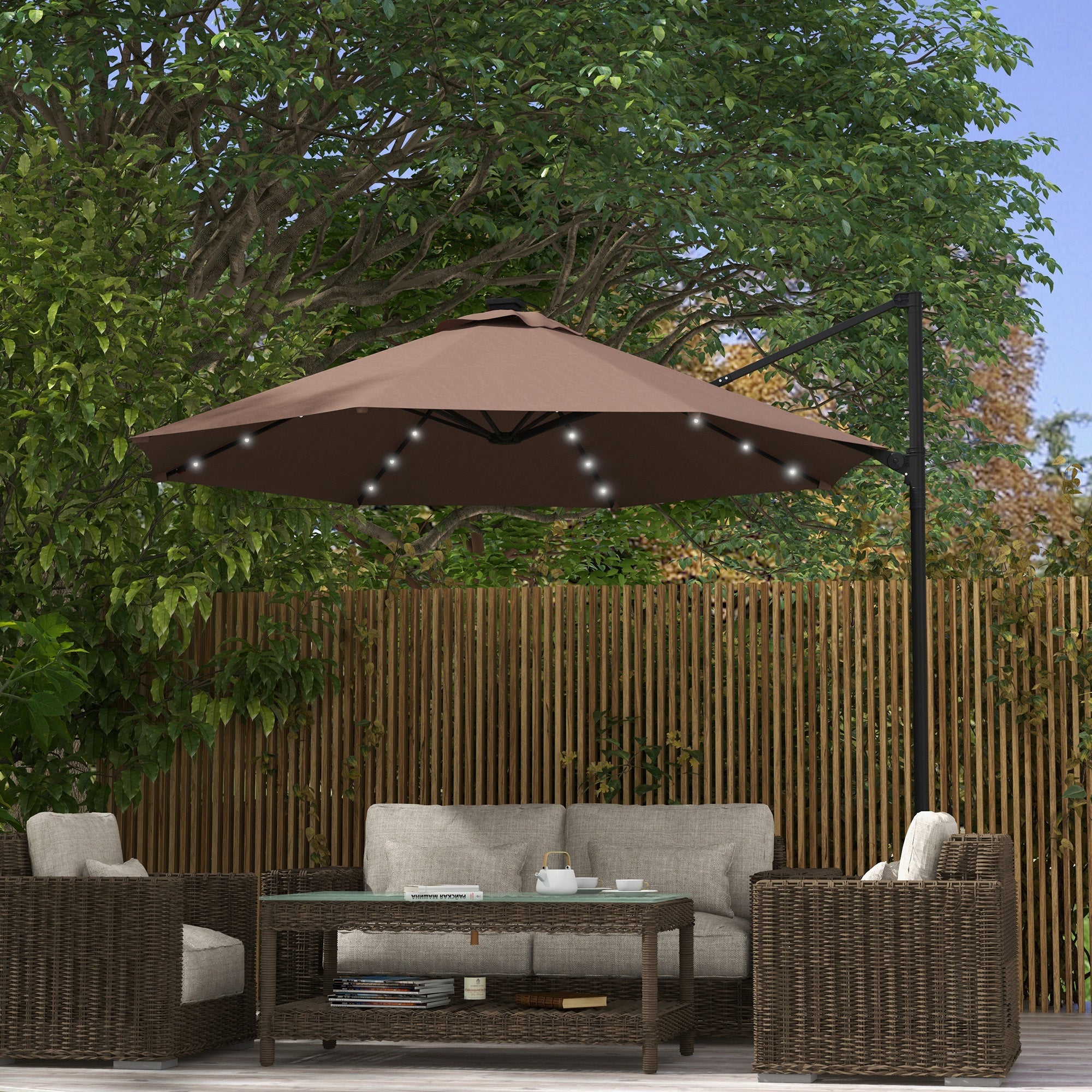 Outsunny 9.6'x8.5' Cantilever Umbrella Solar LED Lights Rectangle Hanging Offset 360° Rotation