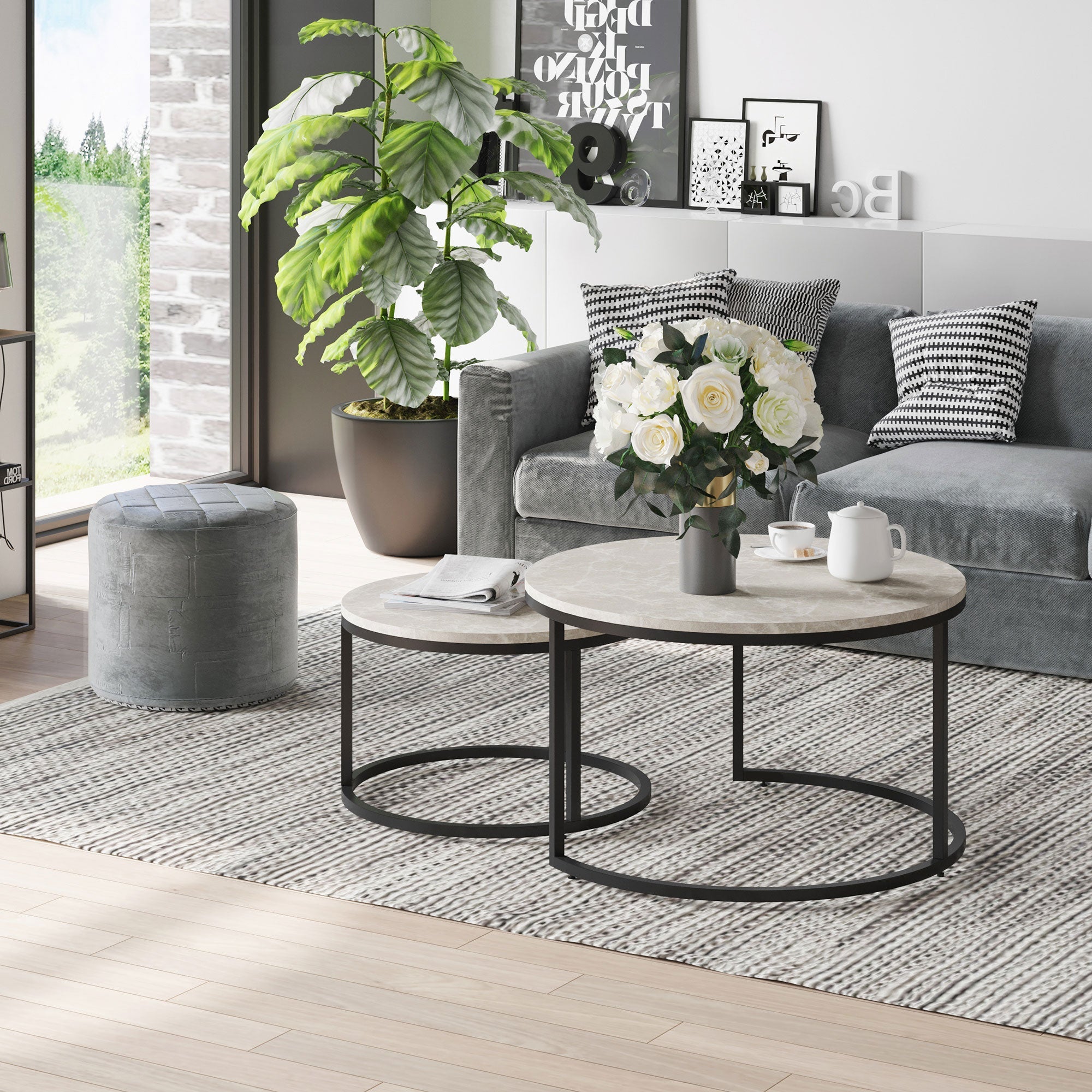 Homcom Nesting Coffee Table Set: Modern Set of 2 with Chipboard & Metal Base for Elegant Living Room
