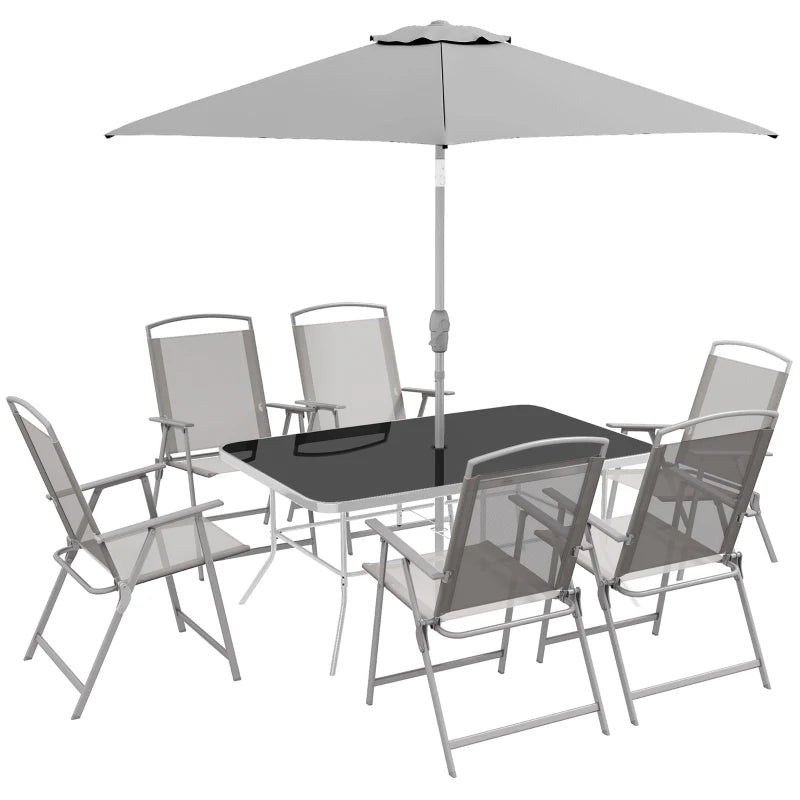 8 Piece Patio Set with Umbrella, 6 Folding Chairs, Rectangle Table, Outdoor Dining Set for 6 with Mesh Seat, Grey