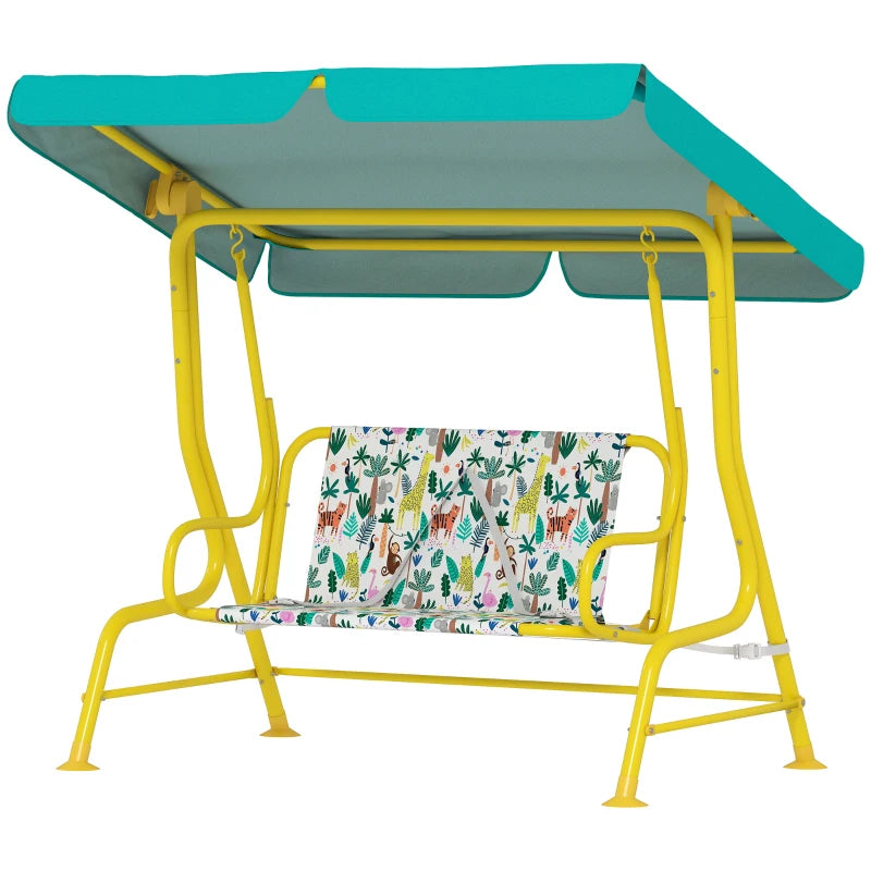 Qaba Kids Porch Swing, 2-Seater Patio Swing Bench with Safety Belts, Adjustable Canopy for Backyard, Garden, Green