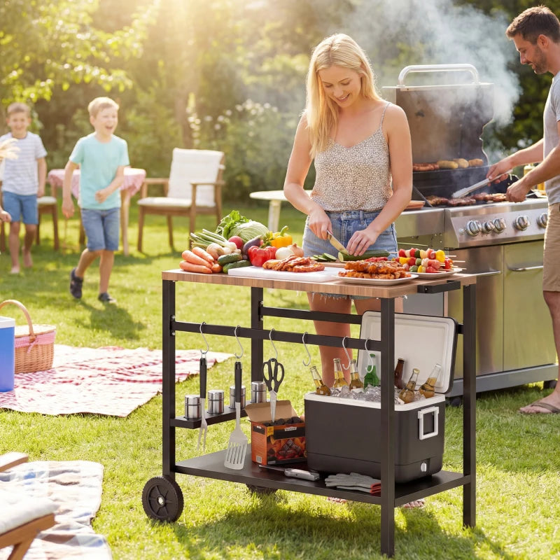 Outdoor Grill Cart, 2-Tier Pizza Oven Stand, BBQ Stand with Beverage Holder, Hooks, Wheels, Black and Brown