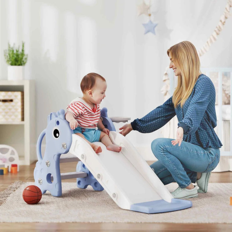 Qaba 3 in 1 Toddler Slide for Age 1-3, Kids Slide with Climber, Basketball Hoop and Ball, Giraffe Design, Blue