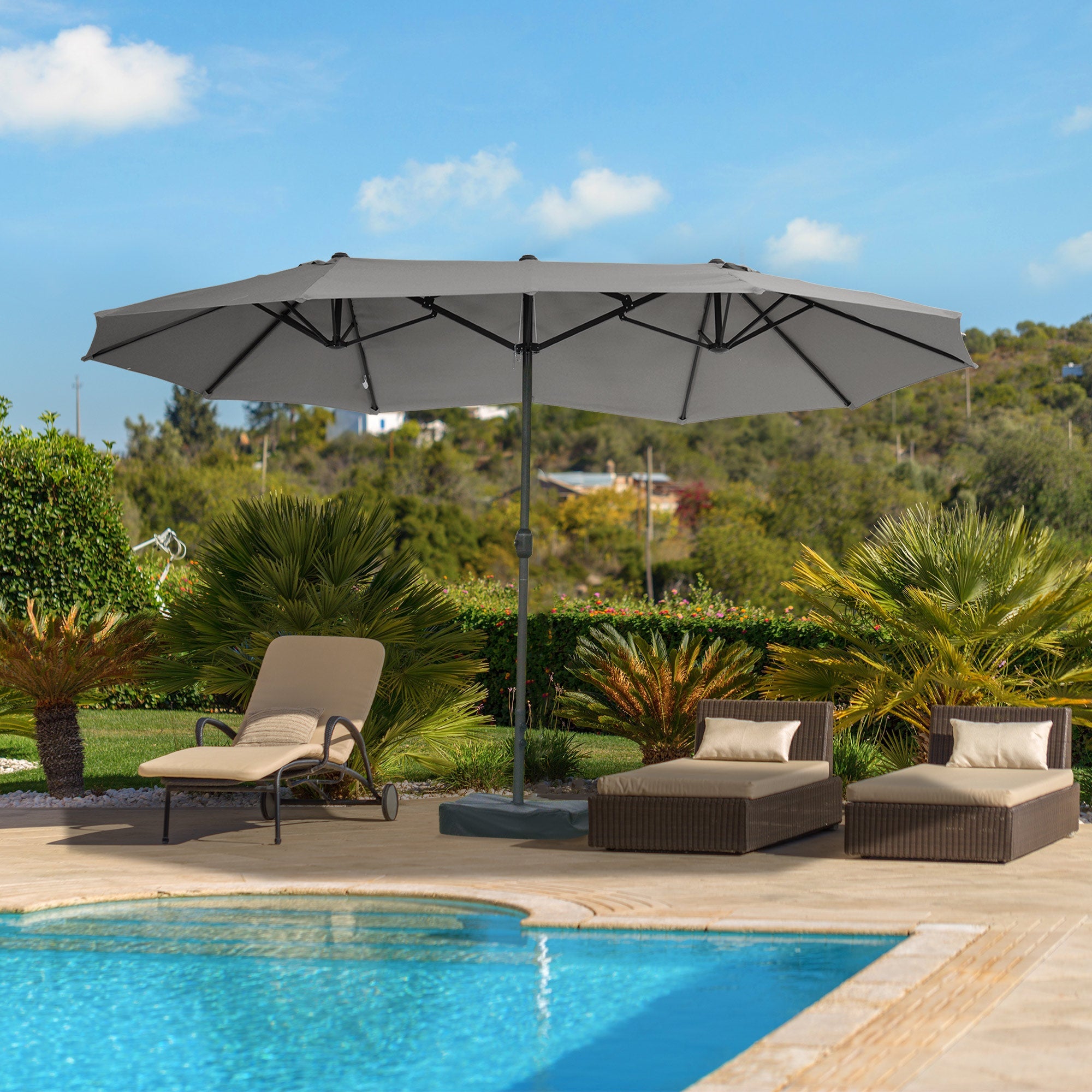 Outsunny 15' Double Canopy Patio Umbrella Sunshade w Lift Crank Cross Base Sandbag Dark Grey