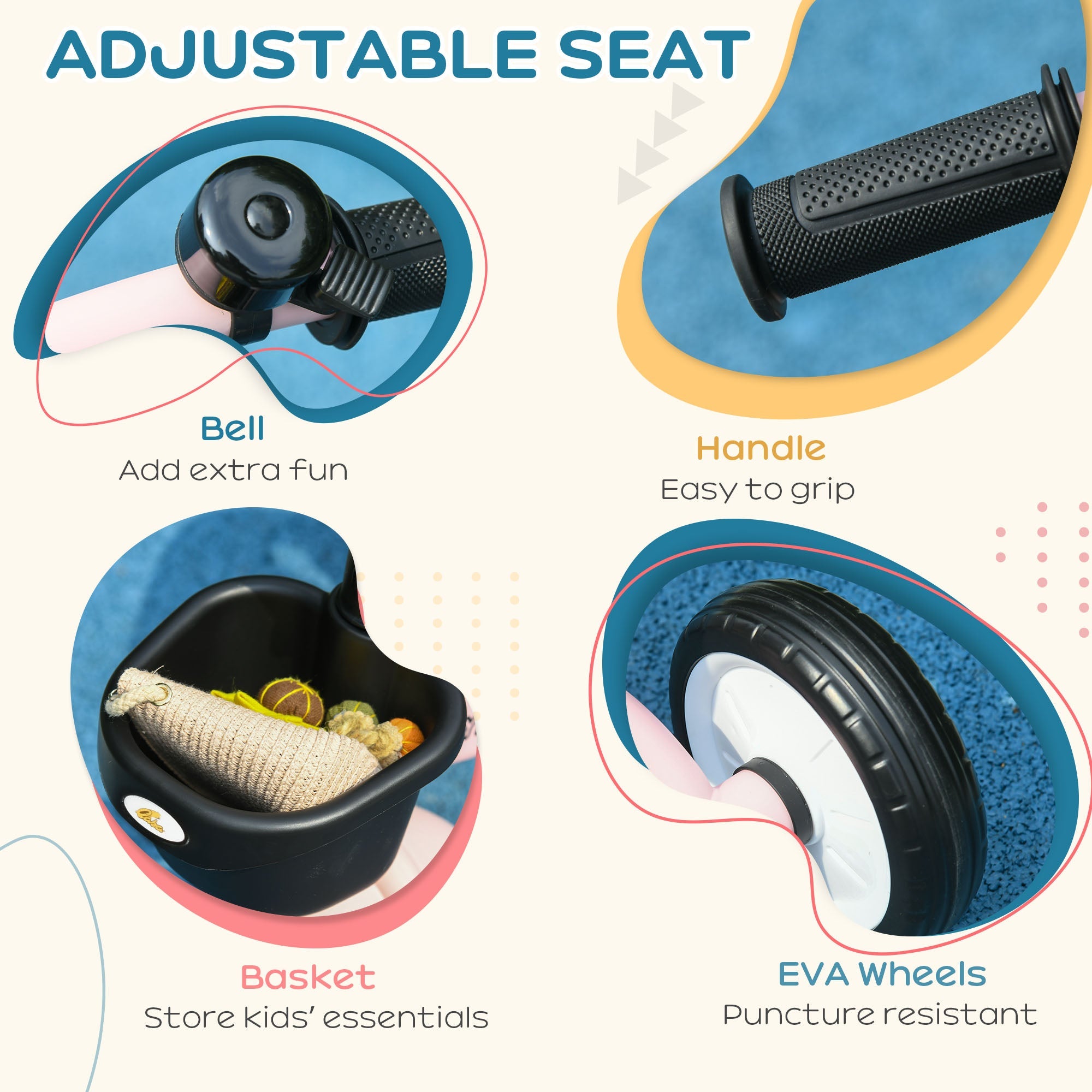 Qaba Kids Tricycle: Adjustable Seat 2-5 Years, Basket, Bell, for Girls/Boys, Pink, Toddler Trike