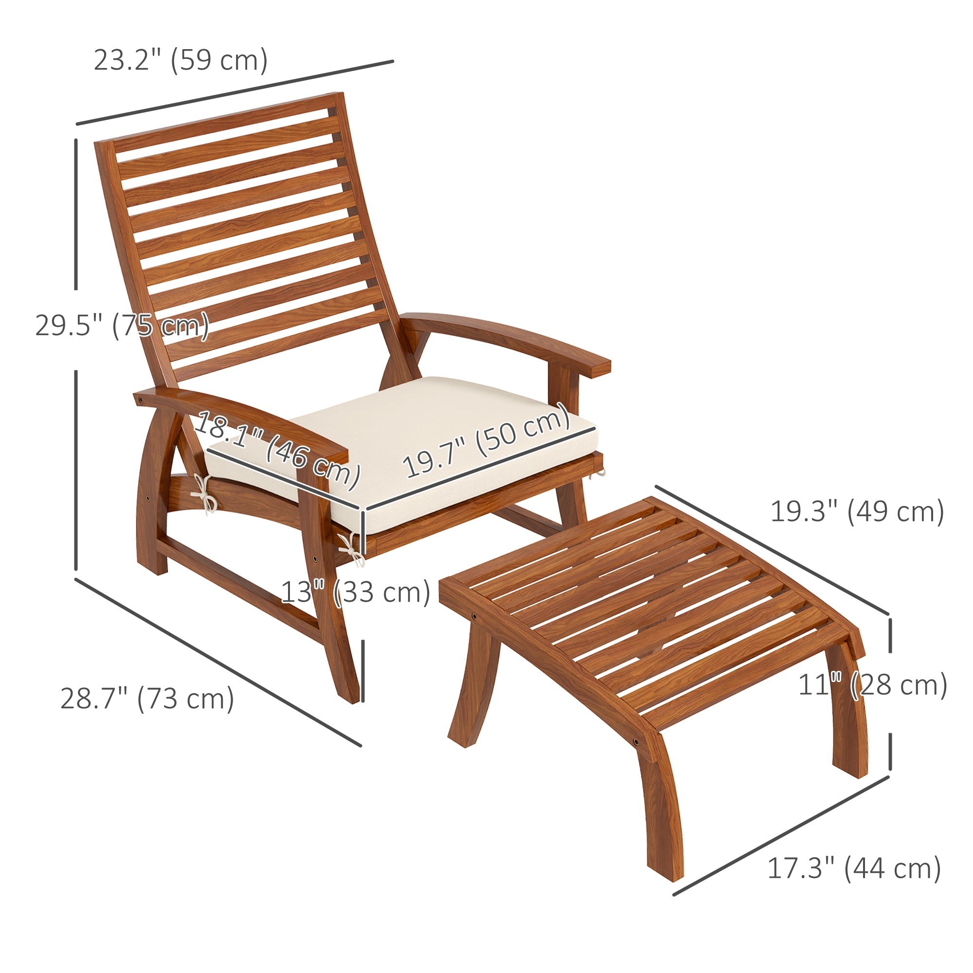 Outsunny 4Pc Cream White Acacia Wood Dining Chairs Set with Footstool for Outdoor Indoor Use