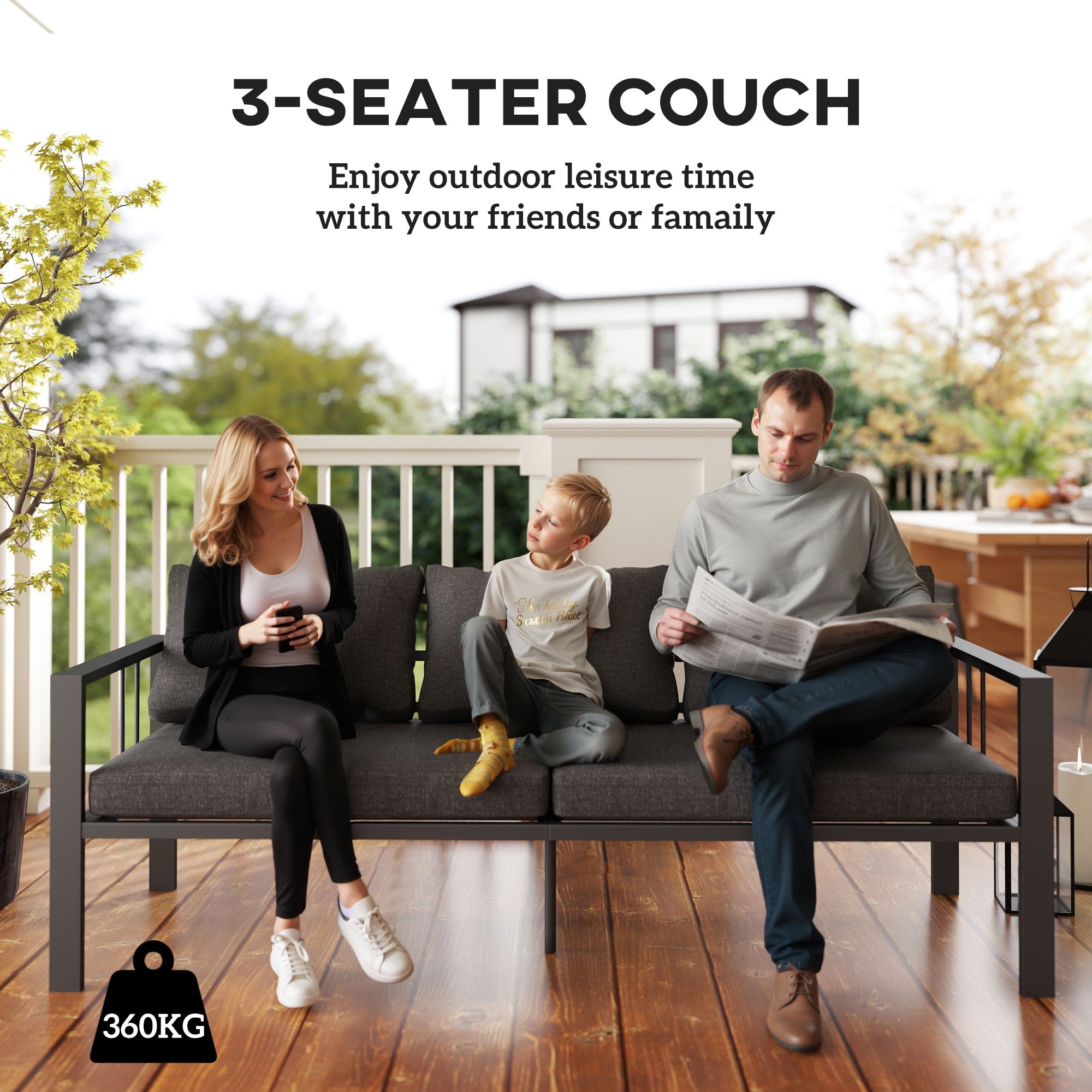Outsunny 3-Seat Aluminum Outdoor Couch Patio Sofa with Cushions, Wide Seat, Armrests for Garden, Backyard, Balcony, Dark Grey