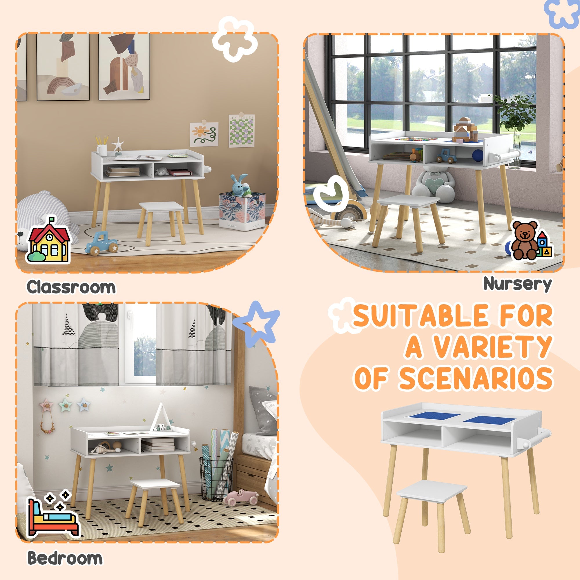 Qaba Multi-Use 3-in-1 Kids Table & Chair Set, Blue, Encourages Play, Drawing, Reading, Perfect for Art & Crafts, Nursery/Playroom