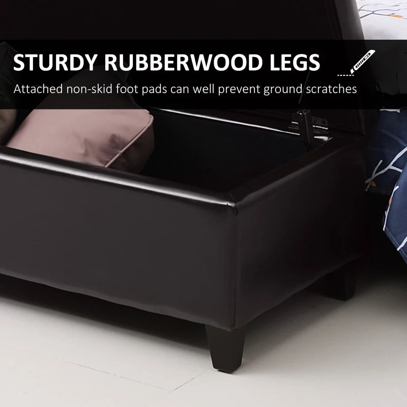 Storage Ottoman Bench, Foot Rest with Solid Wood Legs, 51 Inches PU Leather Storage Chest for Living Room, Brown