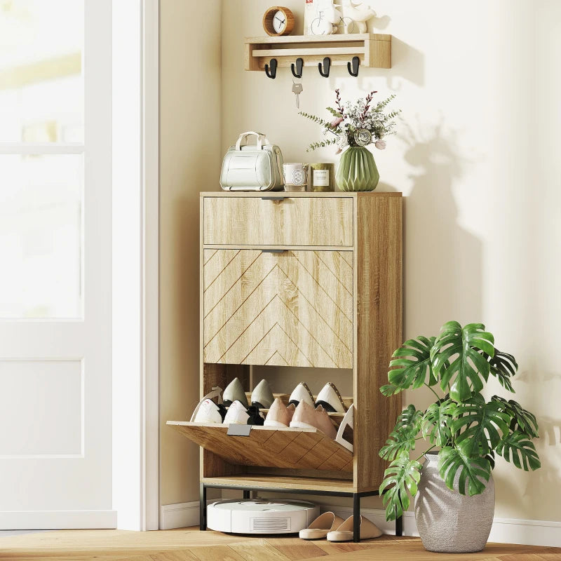 Narrow Shoe Storage Cabinet with Flip Drawers, Shoe Cabinet with Adjustable Shelves, Sliding Drawer, Holds 8 Pairs, Oak