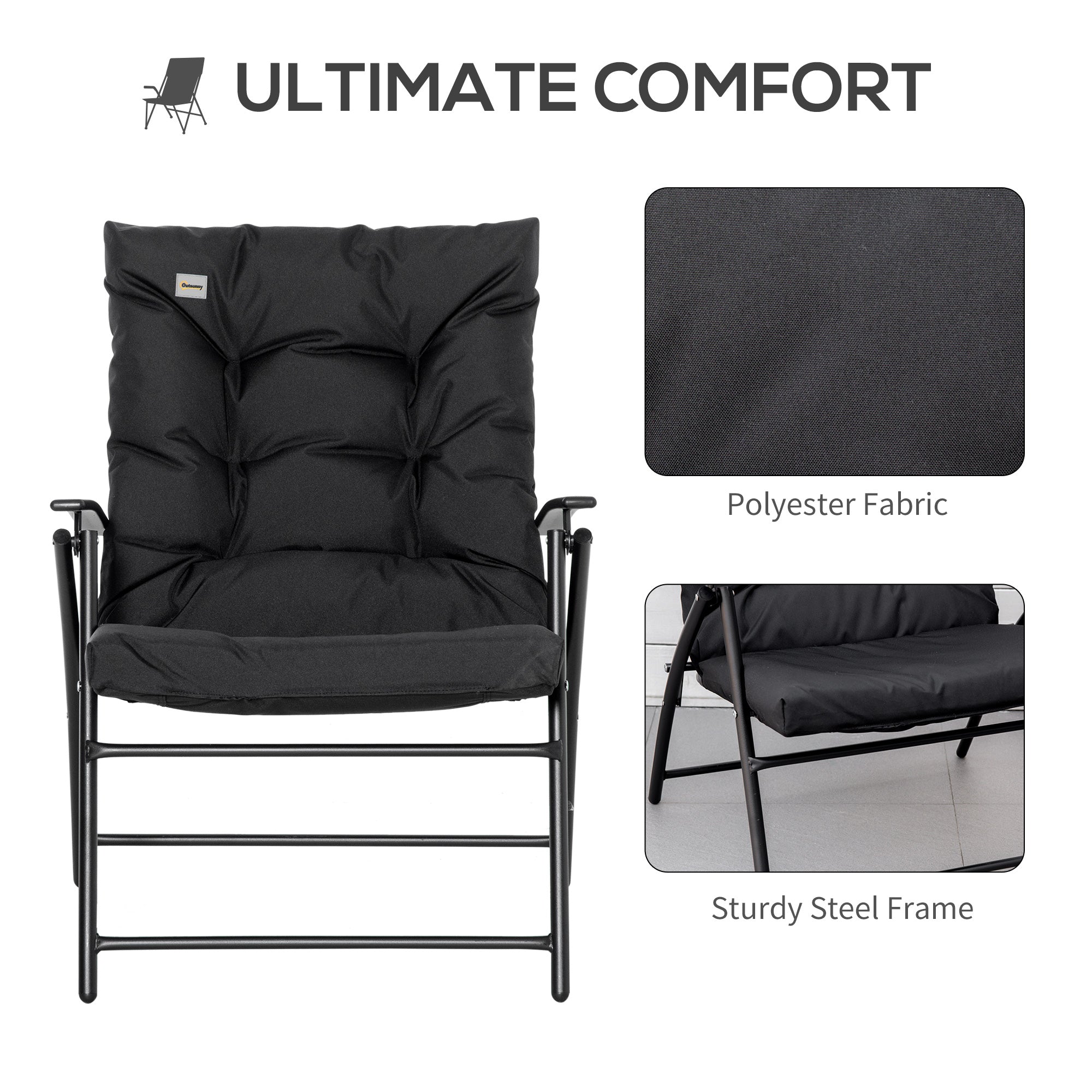 Outsunny Foldable Lounge Chair Fabric Upholstered Recliner Black Outdoor Lounger with Armrest Metal Frame Camping Beach Chair