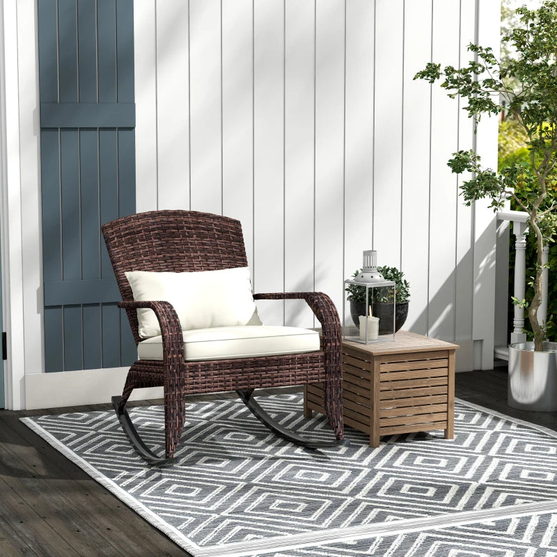 Adirondack Chair, Outdoor Wicker Rocking Chair with High Back, Seat Cushion and Pillow for Porch, Balcony, Cream/Brown