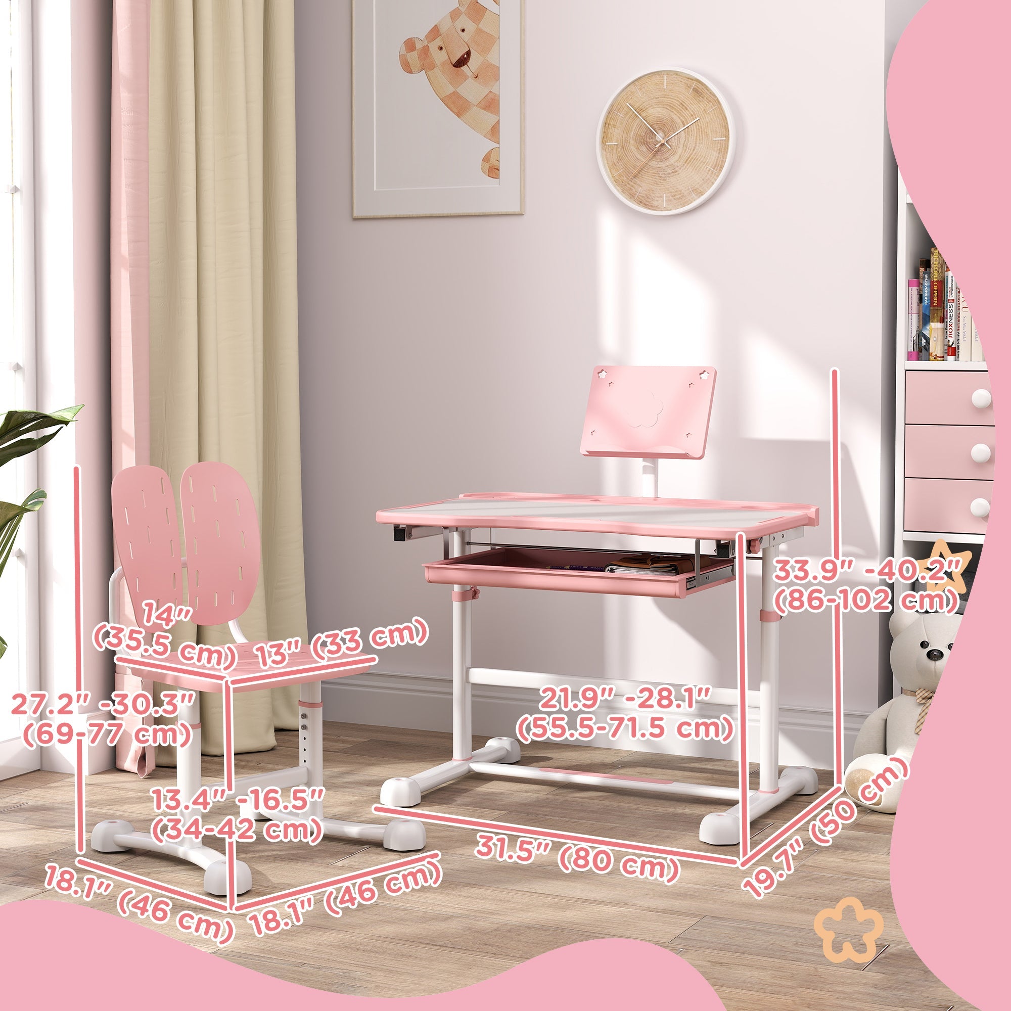 Qaba Height Adjustable Kids Desk and Chair Set with Tilt Desktop, Large Writing Board, Storage Drawer, Book Stand, Pink