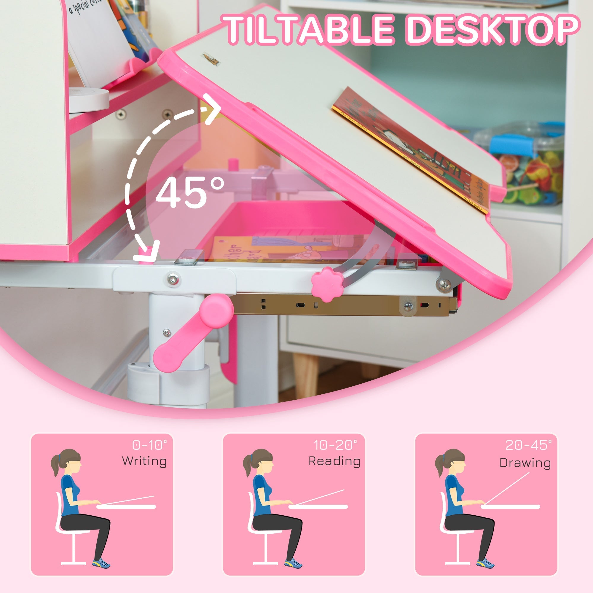 Qaba Kids Adjustable Desk and Chair Set with LED Light Bookshelf Drawer for Student Study Pink