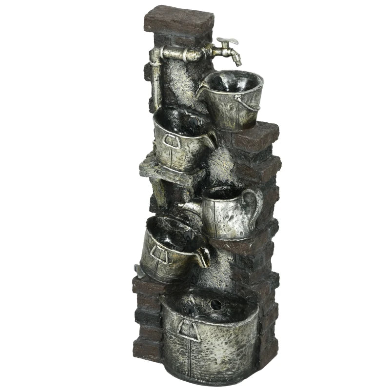 5-Tiered Faucet & Barrel Outdoor Water Fountain with LED Lights, Adjustable Flow, 39.4-inch Resin Waterfall Fountain