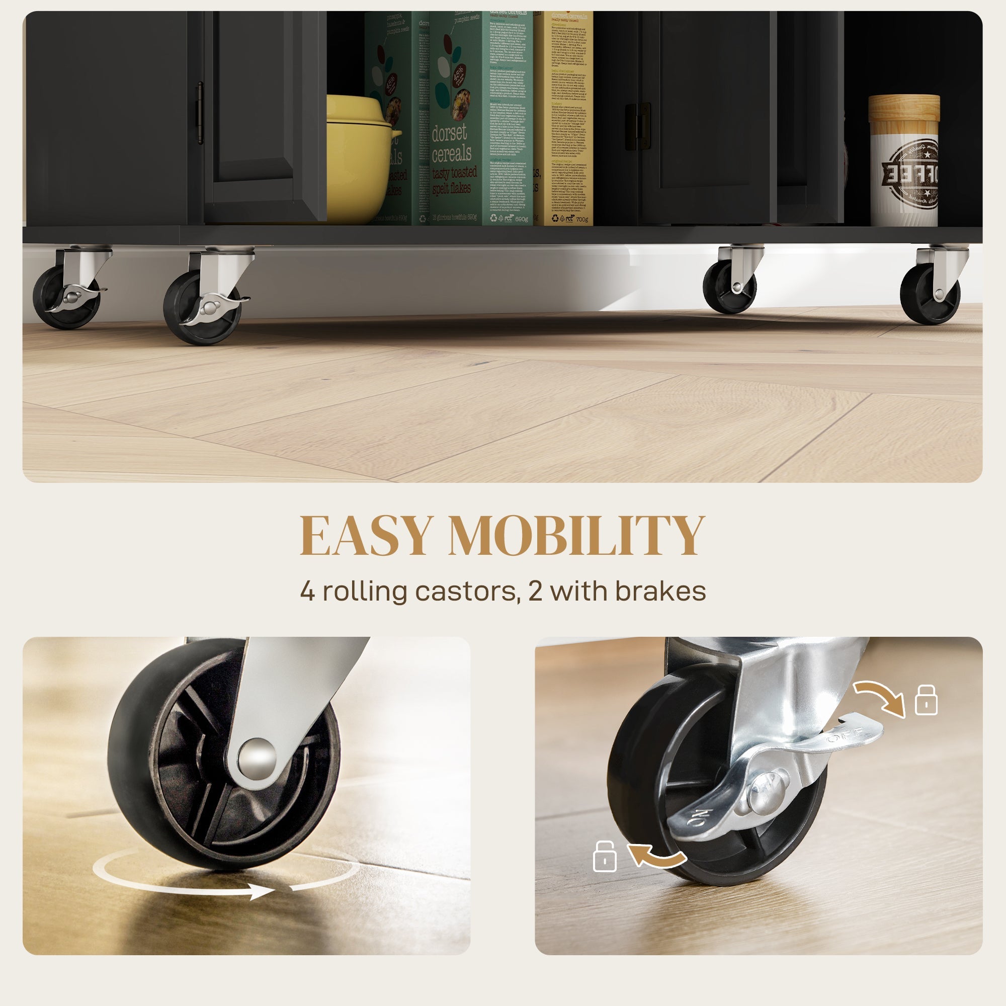 HOMCOM Kitchen Island on Wheels Rubberwood Top Rolling Cart 2 Drawers 4 Doors Adjustable Shelves Mobile Storage Furniture