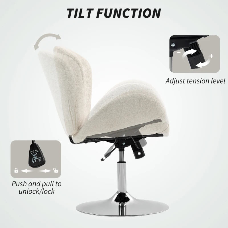 Swivel Office Chair, Velvet Desk Chair with Wide Bucket Seat, Butterfly Back, Tilt Function and Round Base, Cream White