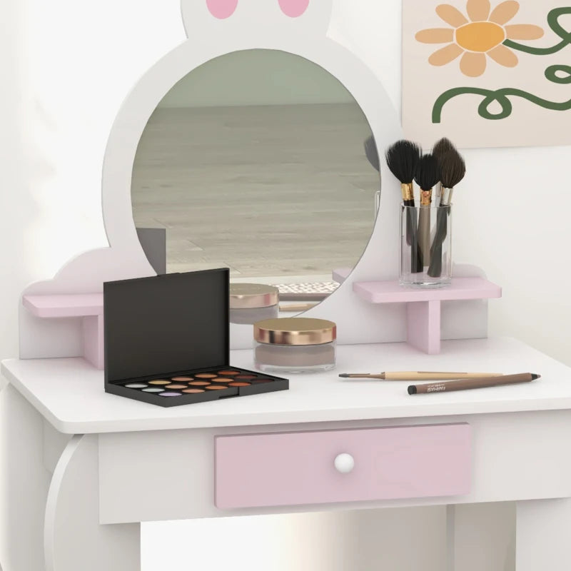 Qaba Kids Makeup Vanity Set with Stool, Mirror, Drawer, Storage Boxes, Rabbit Design, White