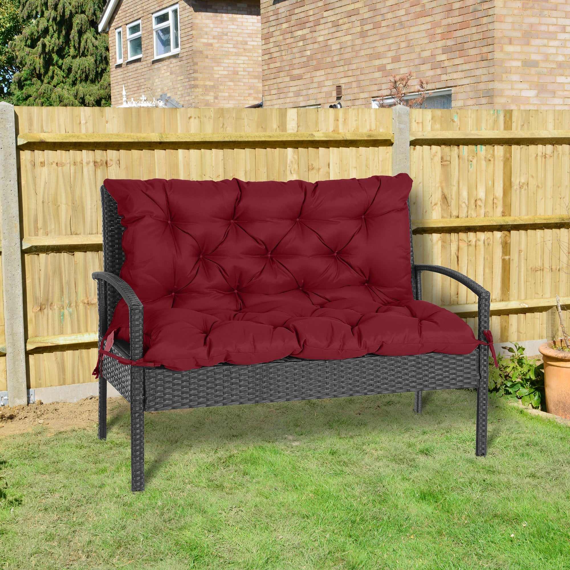 Outsunny Garden Bench Cushion with Backrest Non-Slip 2 Seater Thick Pad Swing Chair Mat Replacement 39.4"x38.6" Wine Red