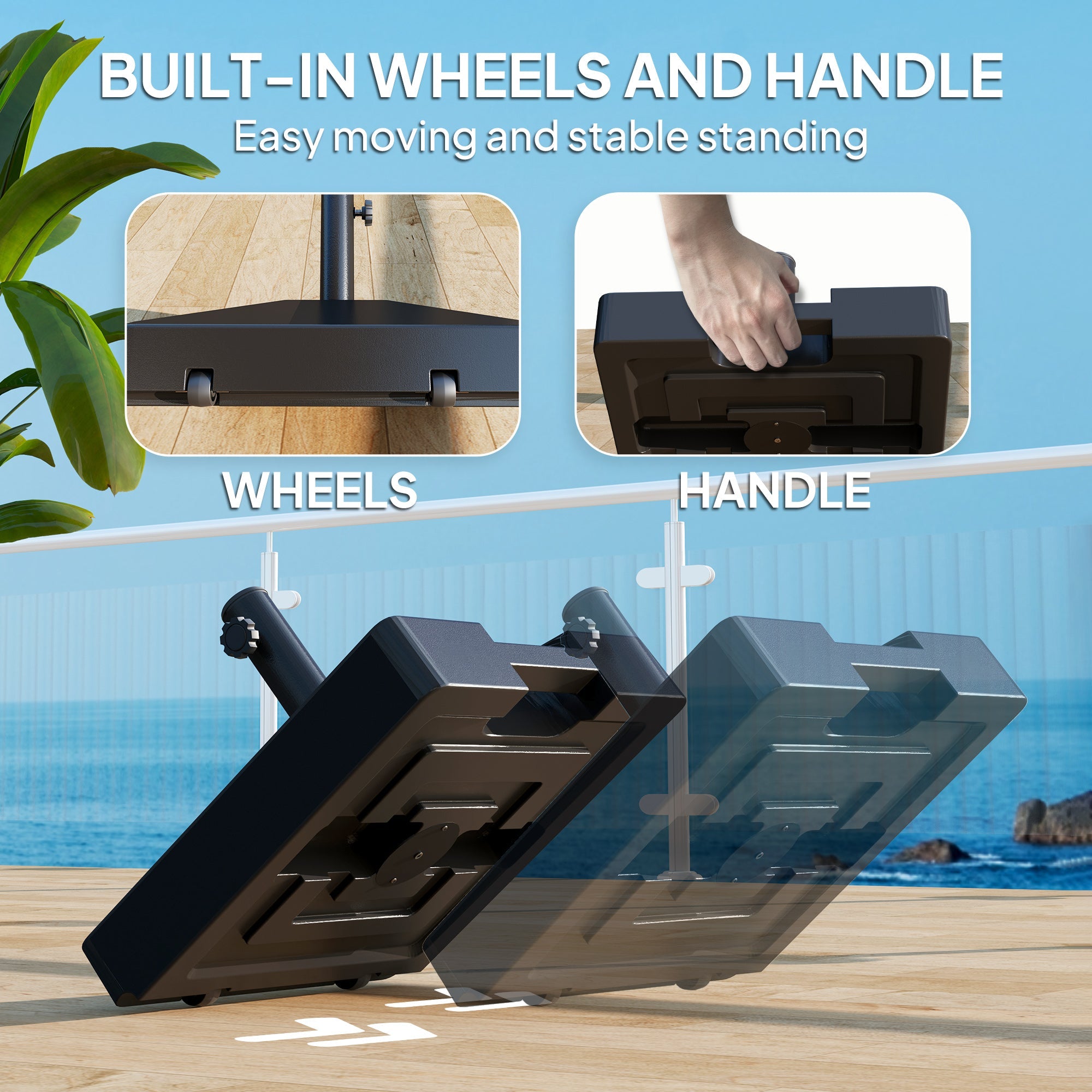 Outsunny Patio Umbrella Base with Wheels Handle, Heavy Duty Outdoor Umbrella Stand Base, Filled Up to 73lbs with Stand or 57lbs with Water for Garden, Poolside, Black