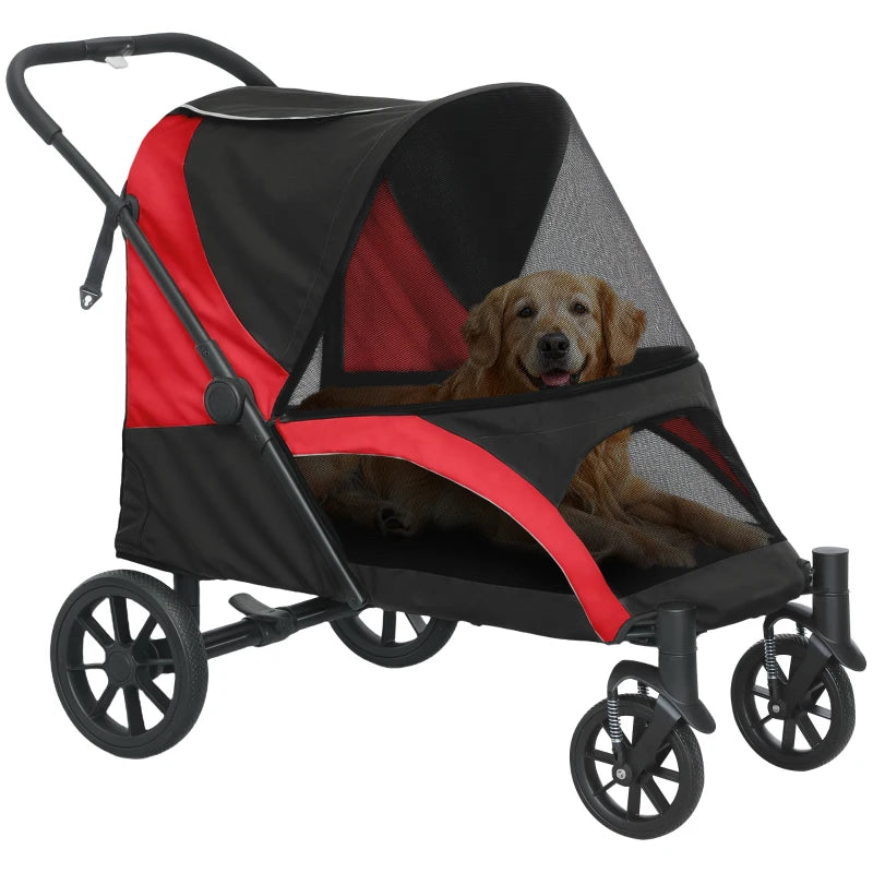 Foldable Pet Stroller for Large Dogs with Four Big Wheels, Shock-Absorbing Frame, Safety Leashes, Brakes, Black