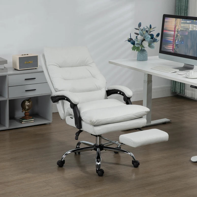 Executive Office Chair with 6-Point Massag, Microfibre Reclining Computer Chair with Footrest, Cream White