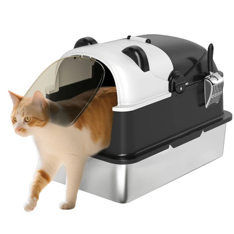Panda Style XL Stainless Steel Cat Litter Box with Lid, Enclosed Kitty Litter Box with Scoop, 23.7" x 15.9" x 17.6"