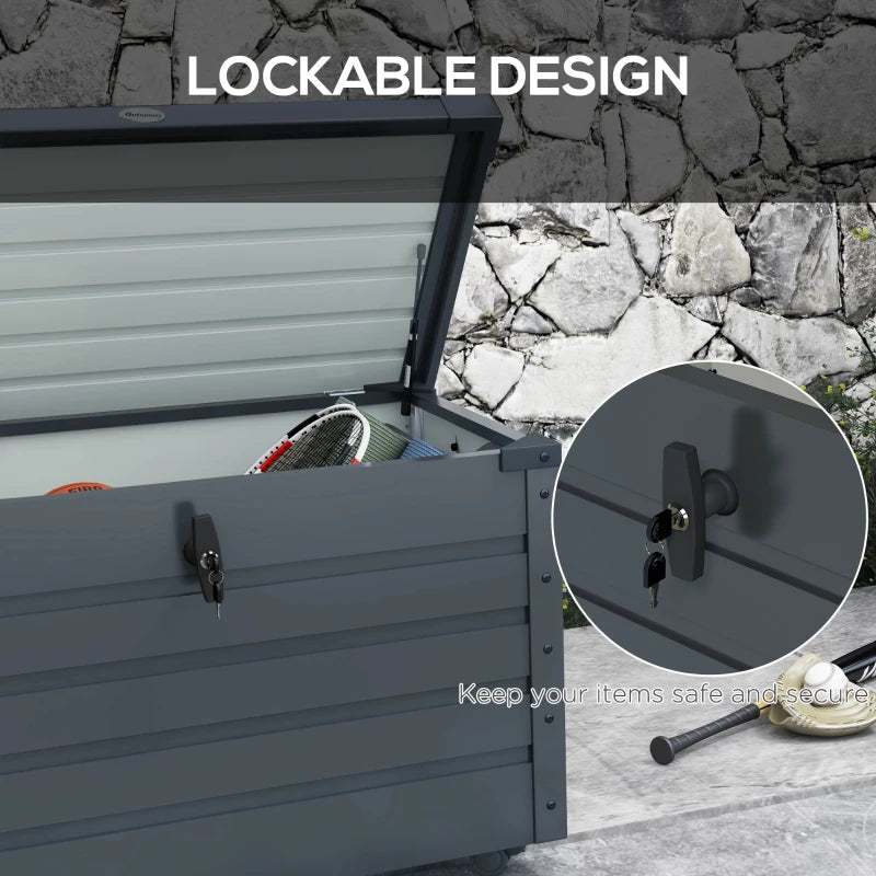 78 Gallon Garden Storage Box, Waterproof Outdoor Storage Container with Wheels and Handles, Dark Grey