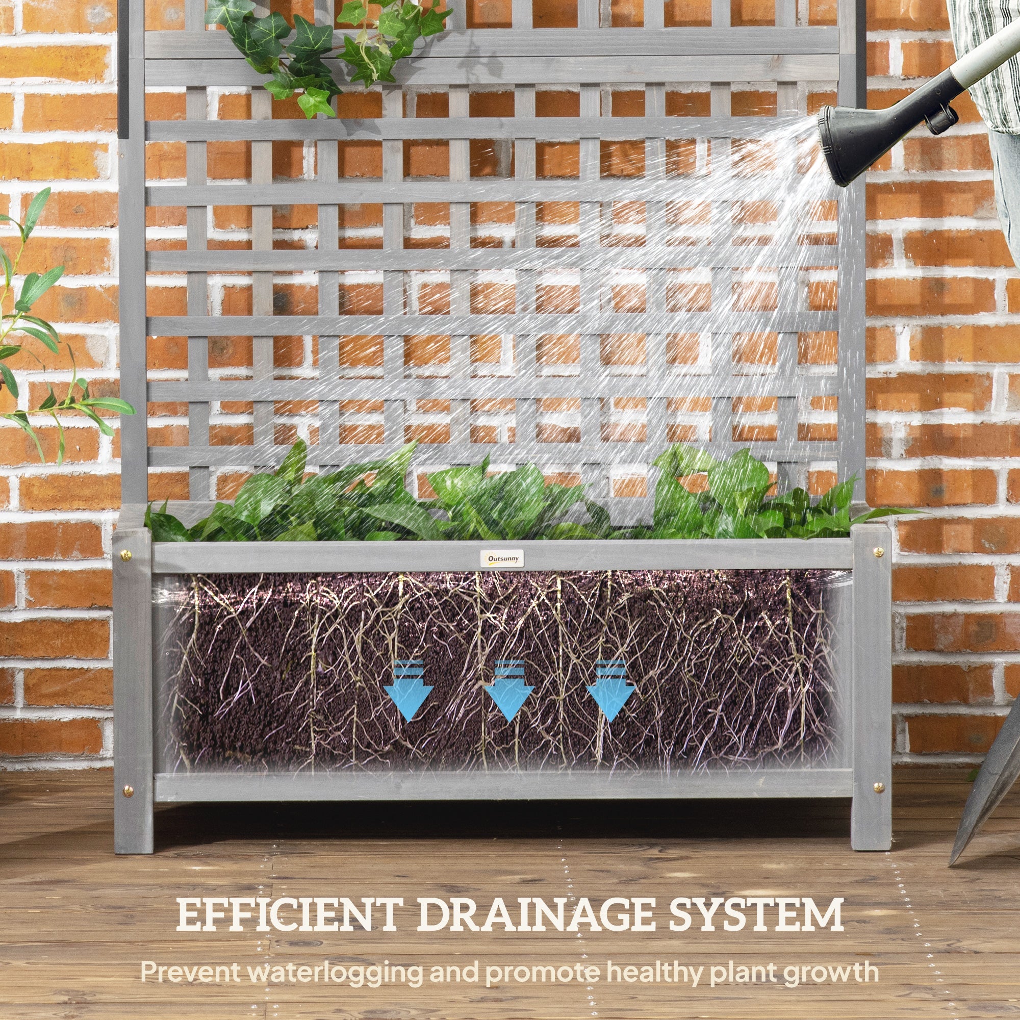 Outsunny Wooden Planter Box with Trellis for Vine Climbing, Raised Garden Bed, Privacy Screen for Backyard, Patio, Deck, Dark Grey