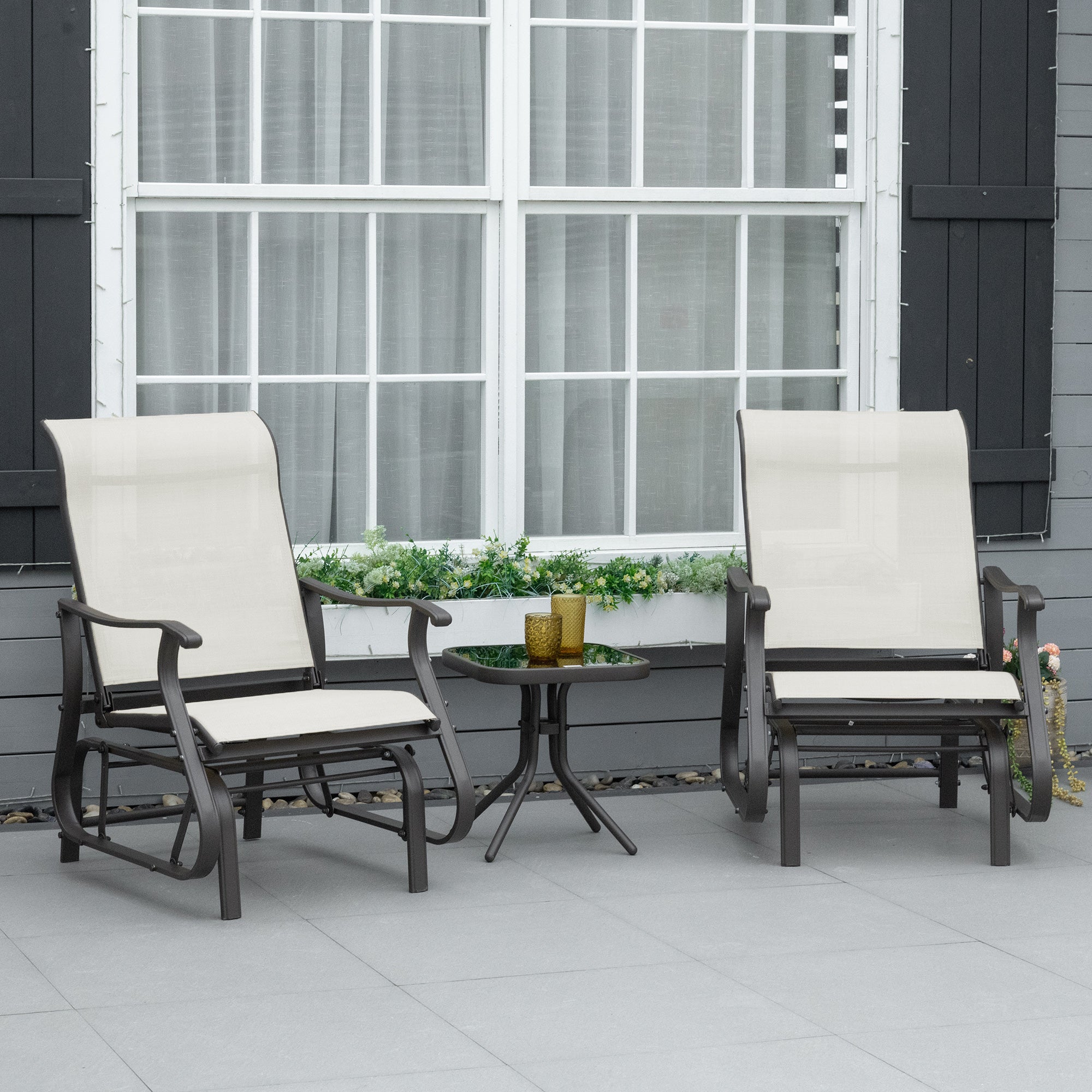 Outsunny 3PCs Gliding Chair Set with Bistro Square Glass Top Tea Table 2 Glider Rocking Chairs Garden Patio Cream White