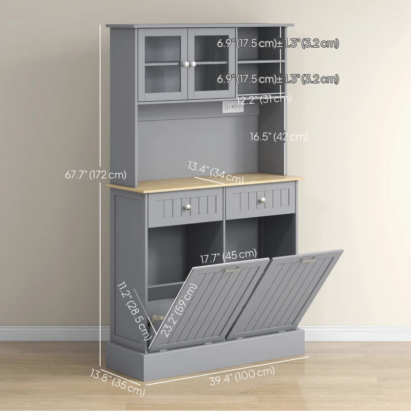 Kitchen Cabinet with Charging Station, 2 Tilt Out Cabinets, Microwave Stand, Freestanding Kitchen Pantry Cabinet, Grey