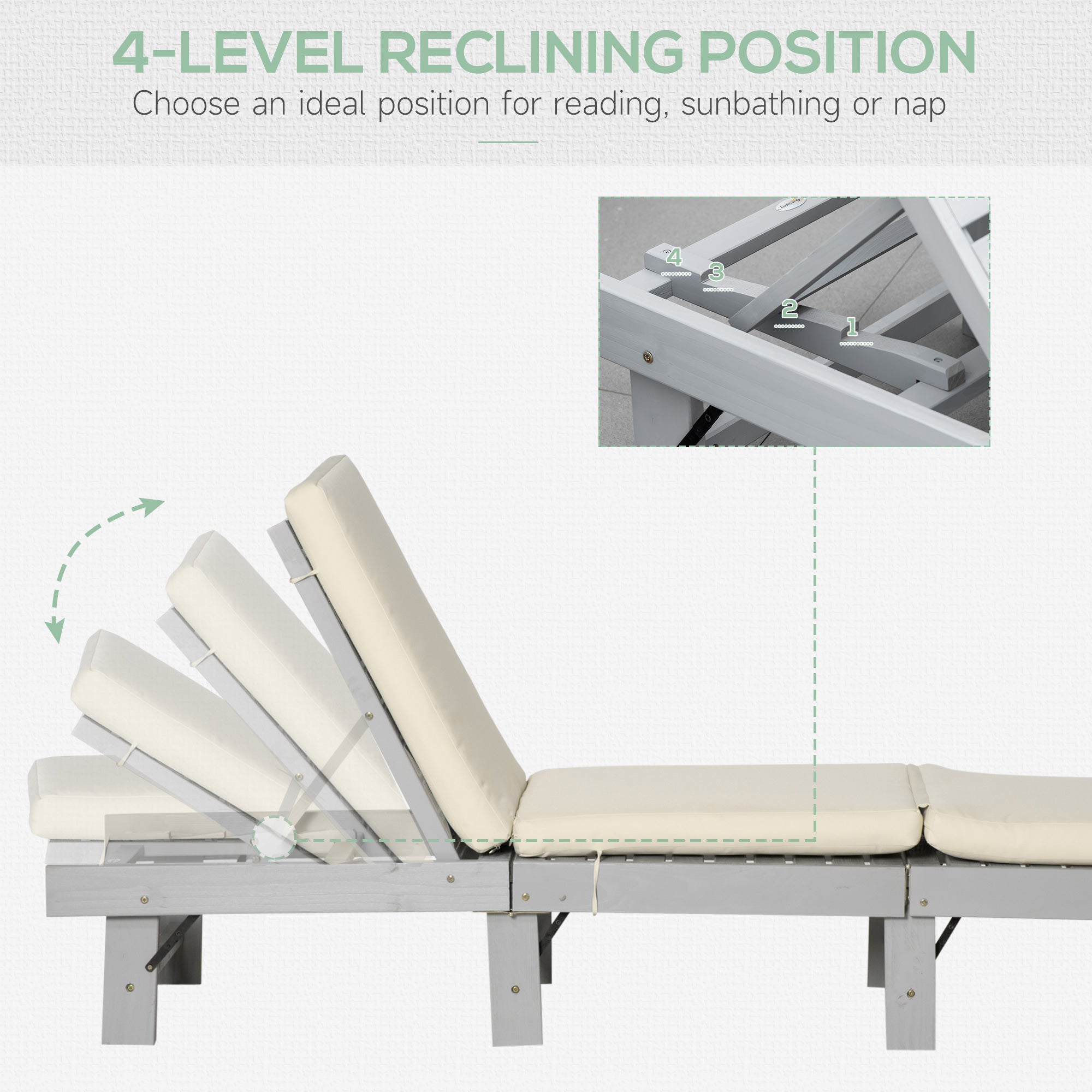 Outsunny Outdoor Sun Lounger Wooden Garden Reclining Chair 4 Adjustable Back Soft Cushion Light Grey