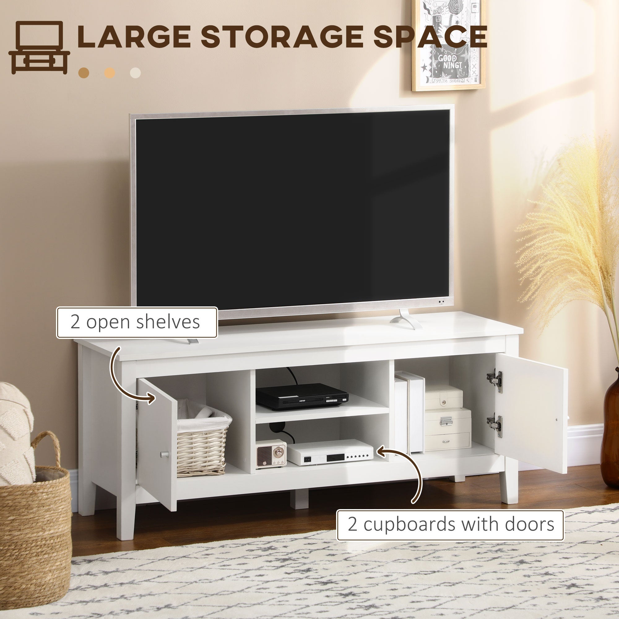 HOMCOM Modern White TV Stand for 55" TVs with Storage Cupboards Shelves Minimalist Living Room Furniture