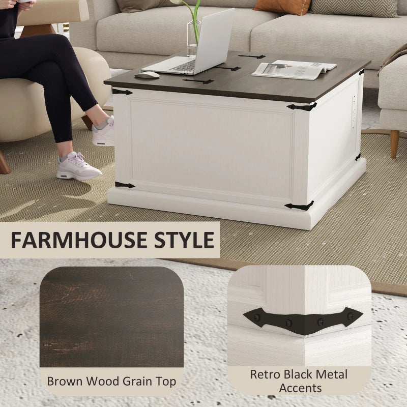 Lift Top Coffee Table with Charging Station, Square Farmhouse Center Table with Hidden Storage, White Wood Grain
