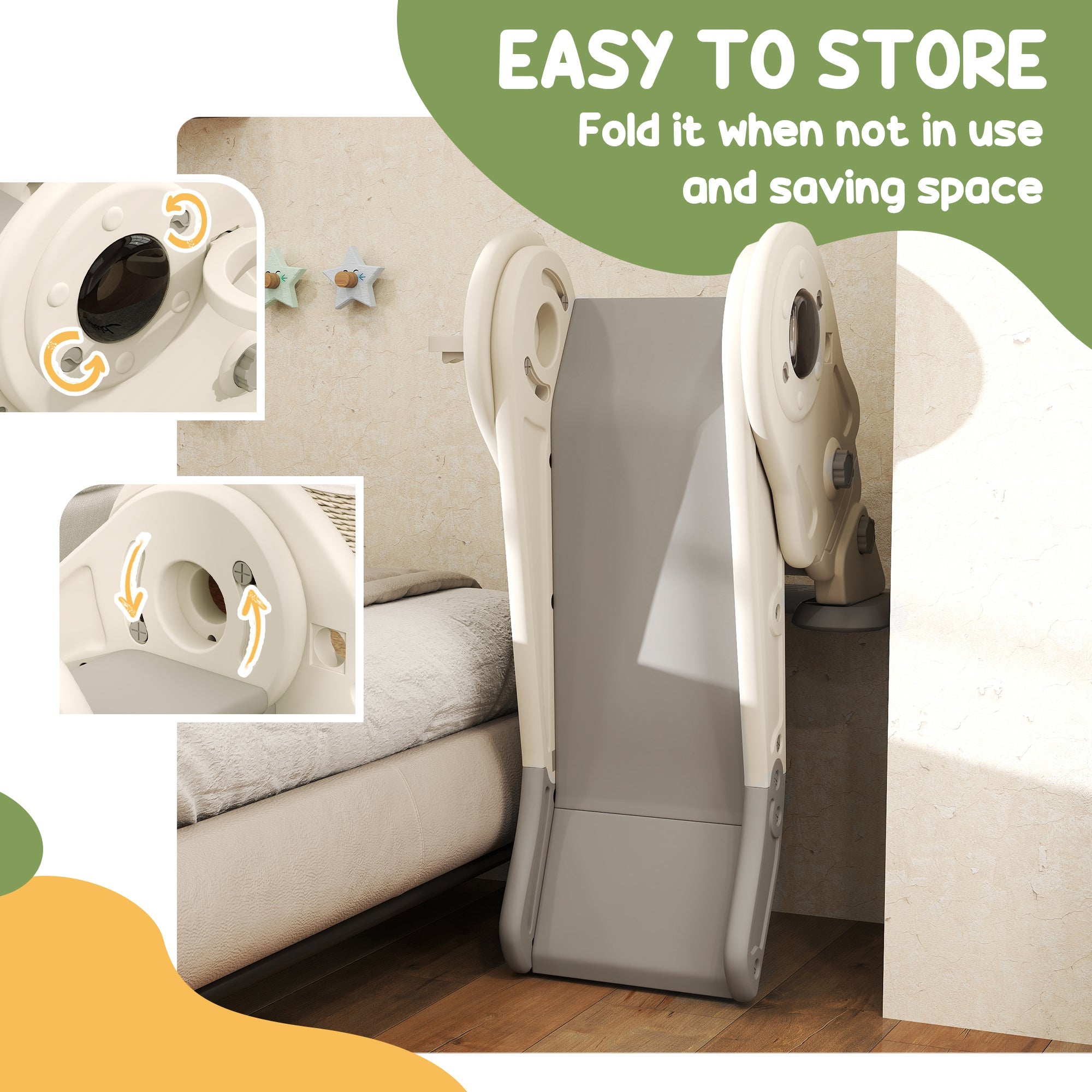 Qaba 3 in 1 Toddler Slide, Foldable Kids Slide with Basketball Hoop, Climber, Anti-Slide Step for Ages 2-5, Cream White