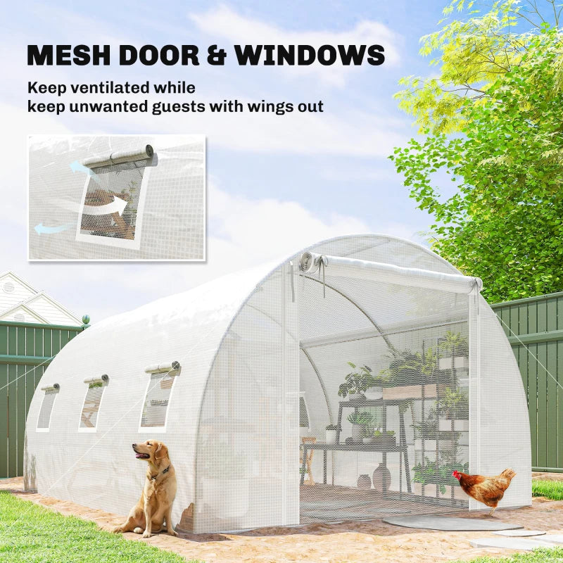 Walk-in Tunnel Greenhouse, Plant Hot House w/ Support Rods, Roll-up Mesh Door, Mesh Windows, 13'x9.8'x6.6', White